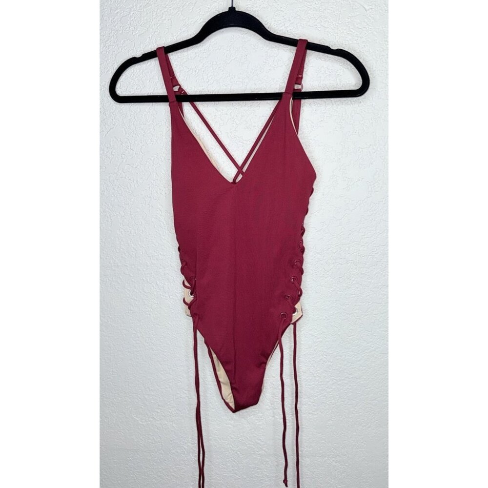 LA Hearts One Piece Lace Up Sides Swimsuit Maroon Women’s XS Adjustable Sexy I